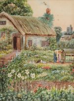 English watercolor — a sunlit cottage garden with hollyhocks, lavender, and a thatched cottage glimpsed through the flowers.