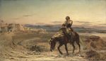 Victorian oil — lone surviving British army surgeon Dr. Brydon slumped on a dying horse approaching Jalalabad, 1842.