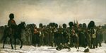 Victorian military oil — weary British infantrymen formed up in deep snow for the roll call after a Crimean battle.