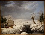 American oil — a snowy New England landscape with bare trees, a horse-drawn sleigh, and a quiet farmhouse beyond.