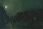 Victorian oil painting — a damp gaslit London street at dusk with figures and storefronts under glowing lamp-posts.