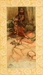 Seated jewel-adorned queen in embroidered robes counting necklaces before a human skull at her feet, in a sumptuous gilded interior.