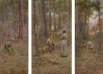 Heidelberg School triptych — Australian pioneers: clearing camp, woman with child, and grown homestead among gum trees.